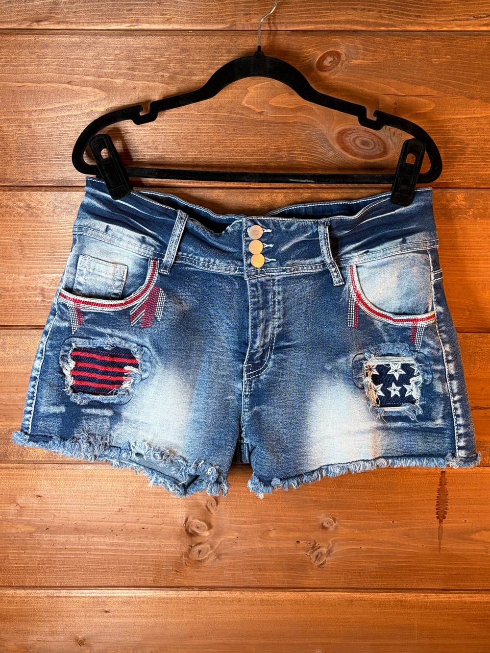 Distressed Blue Denim Jean Shorts with Flag Patch Accents